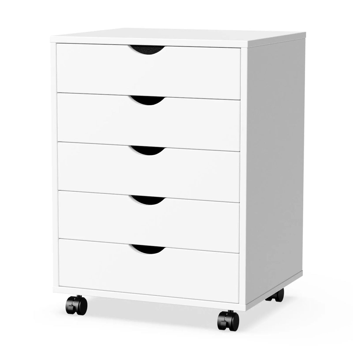 White wooden nightstand with five drawers on wheels for mobile bedside storage