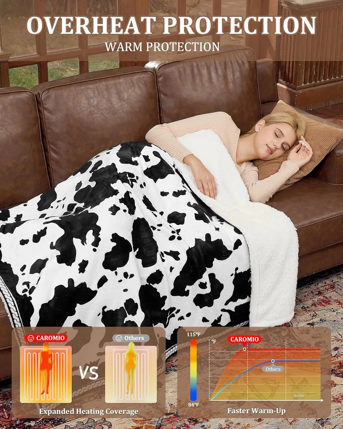 Heated electric blanket by S And B Enterprise, cow-print throw on a brown sofa with a sleeping woman.