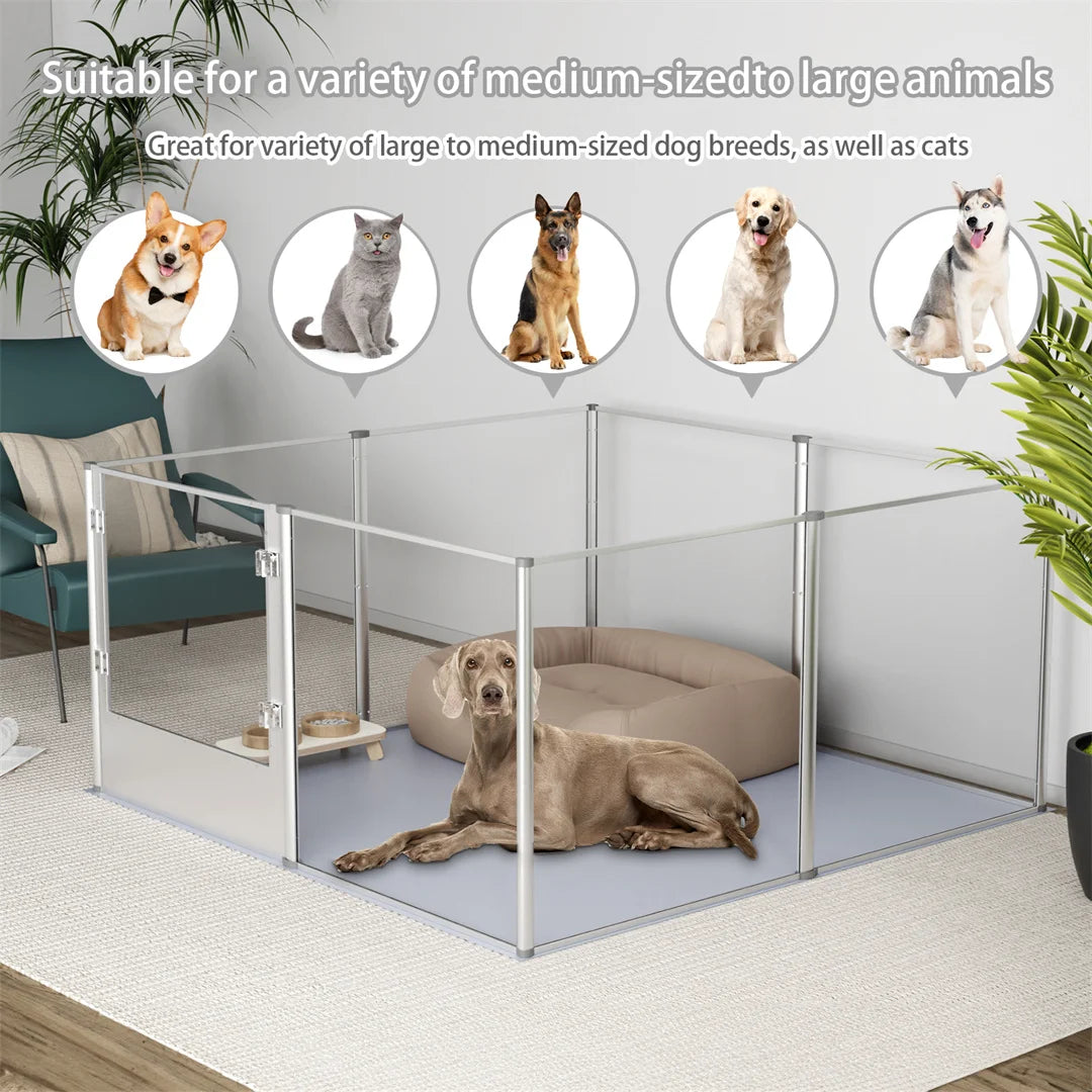 Clear acrylic pet playpen by S And B Enterprise with waterproof floor pad, suitable for dogs, cats, and small pets.