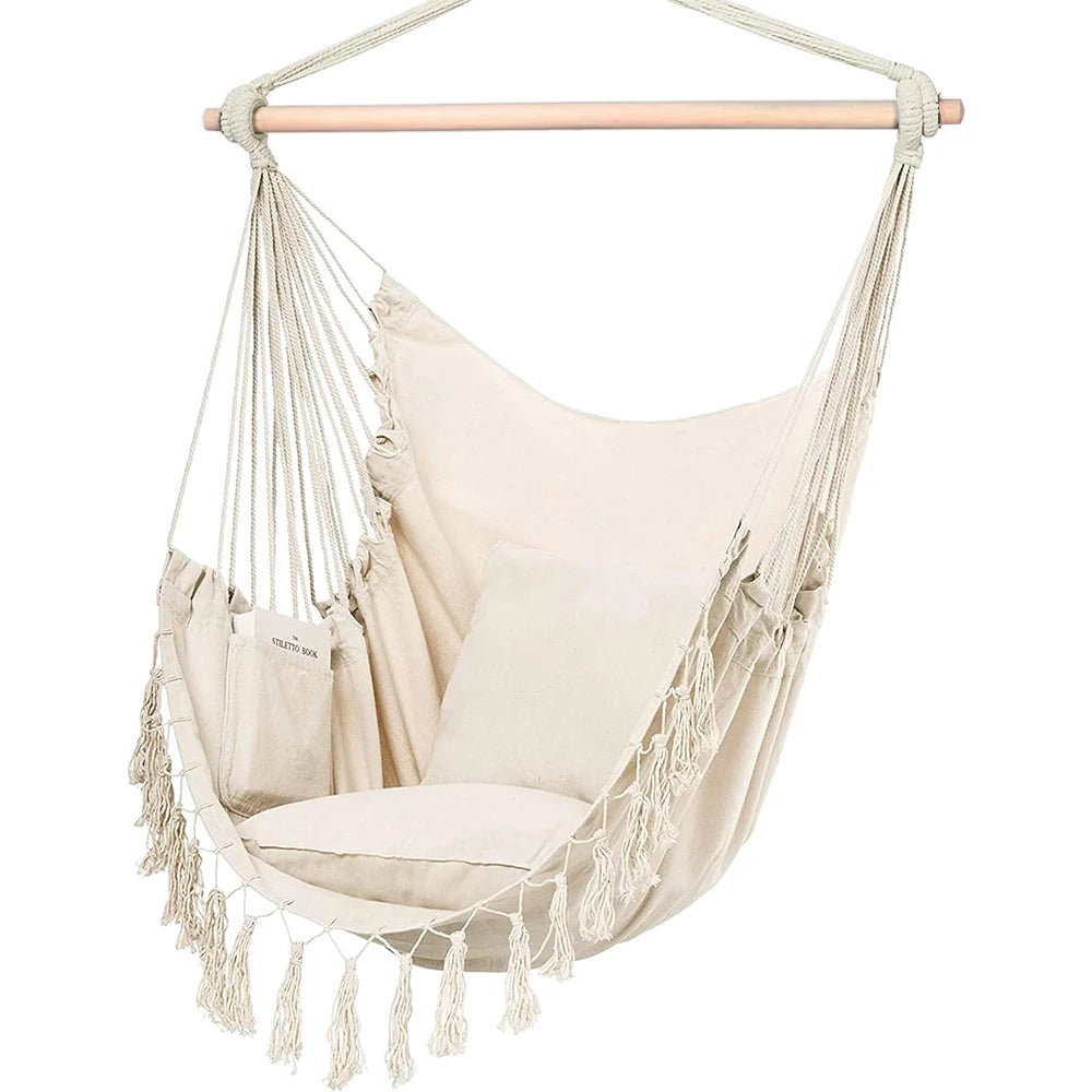 Macrame hanging chair with beige fabric, 2 pillows, pocket design, cotton rope, wooden bar, fringe for indoor/outdoor use