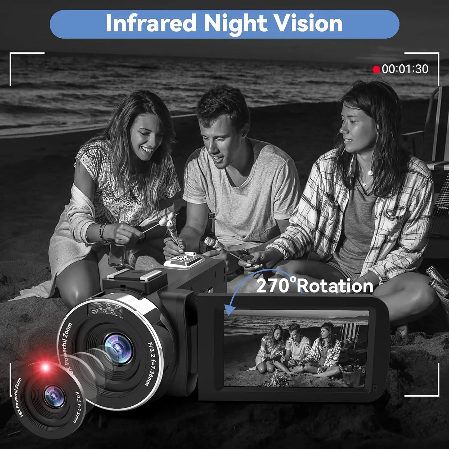 4K Camcorder With 18x Digital Zoom 48MP Imaging For YouTube