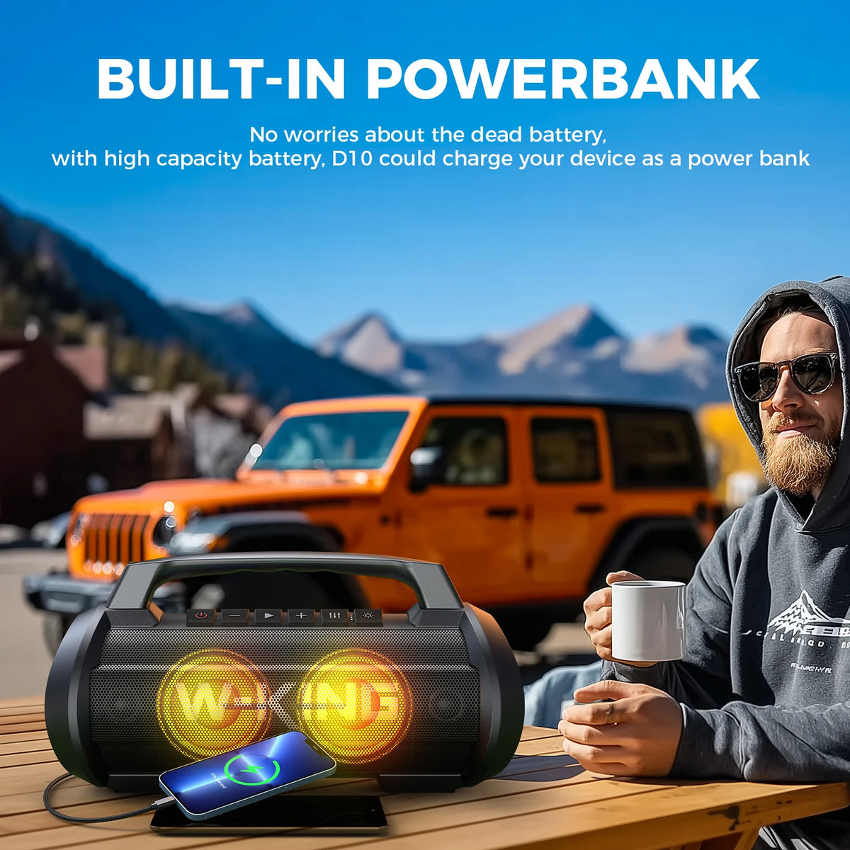 W-KING D10 120W MAX Bluetooth speaker with orange LED lights, black rugged portable boombox, phone charging cable