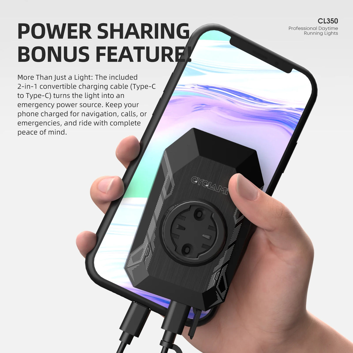 CYCLAMI CL350 bike headlight, black rechargeable unit with circular mount, shown with a smartphone
