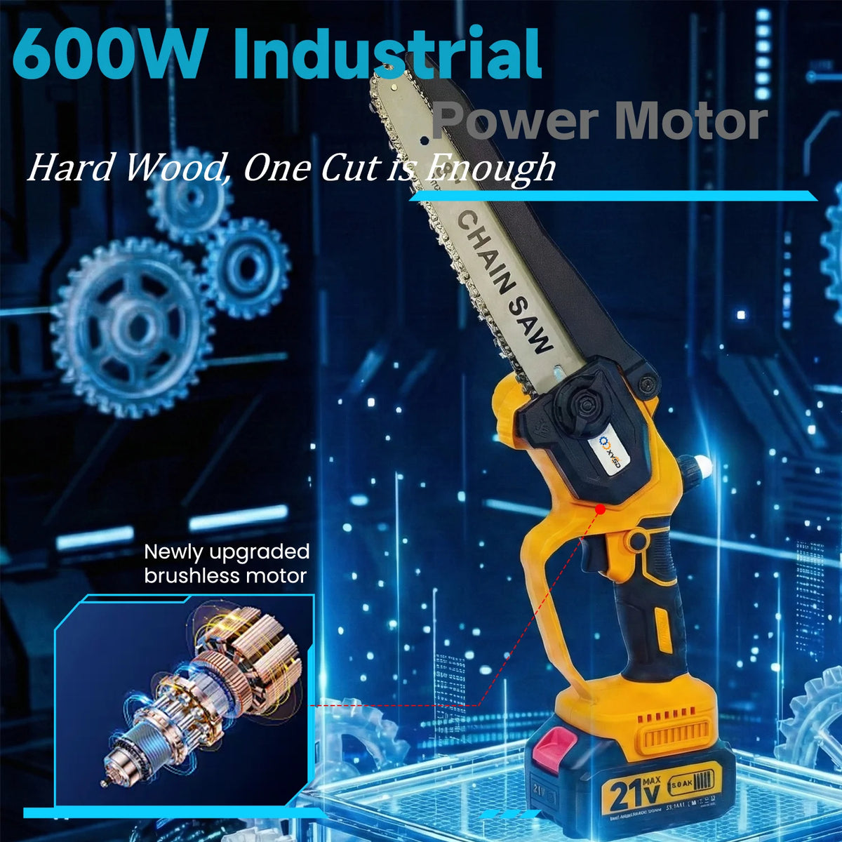 2-in-1 cordless pole saw with extension, yellow and black, 21V battery for wood cutting and tree trimming