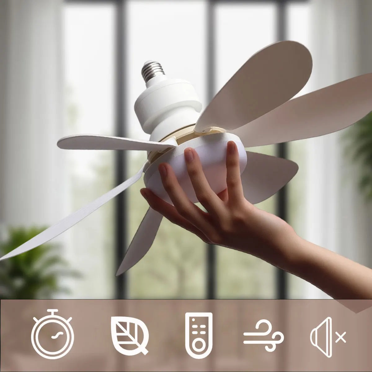LED 40W ceiling fan light with E27 base and white blades; remote dimming
