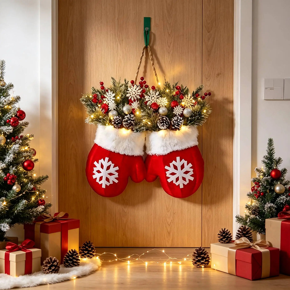 LED twinkling Christmas wreath with red berries, pine garland, snowflakes, and pine cones on a door
