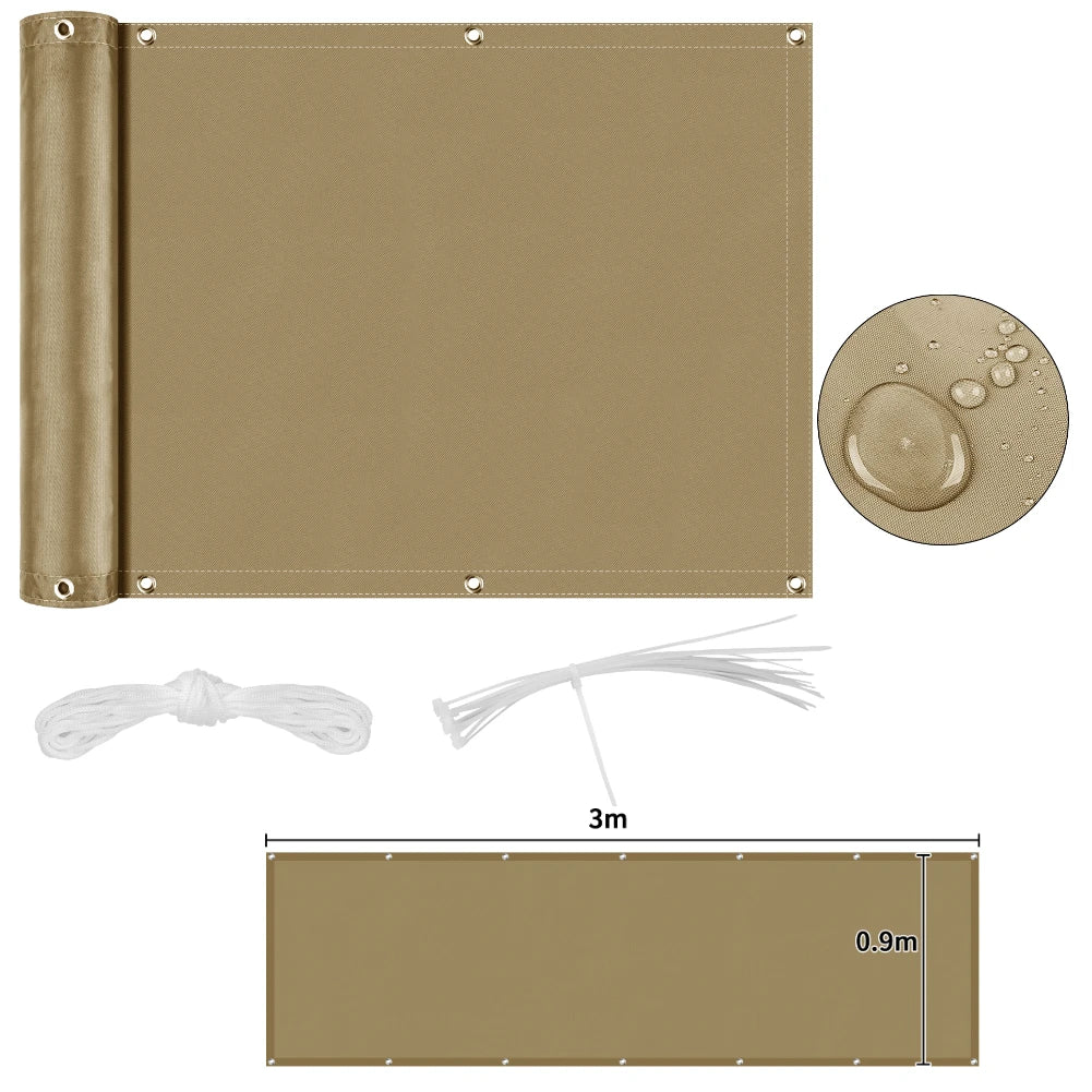 Fence privacy screen, heavy-duty tan windscreeen fabric with grommets; 3m long x 0.9m high with tie cords