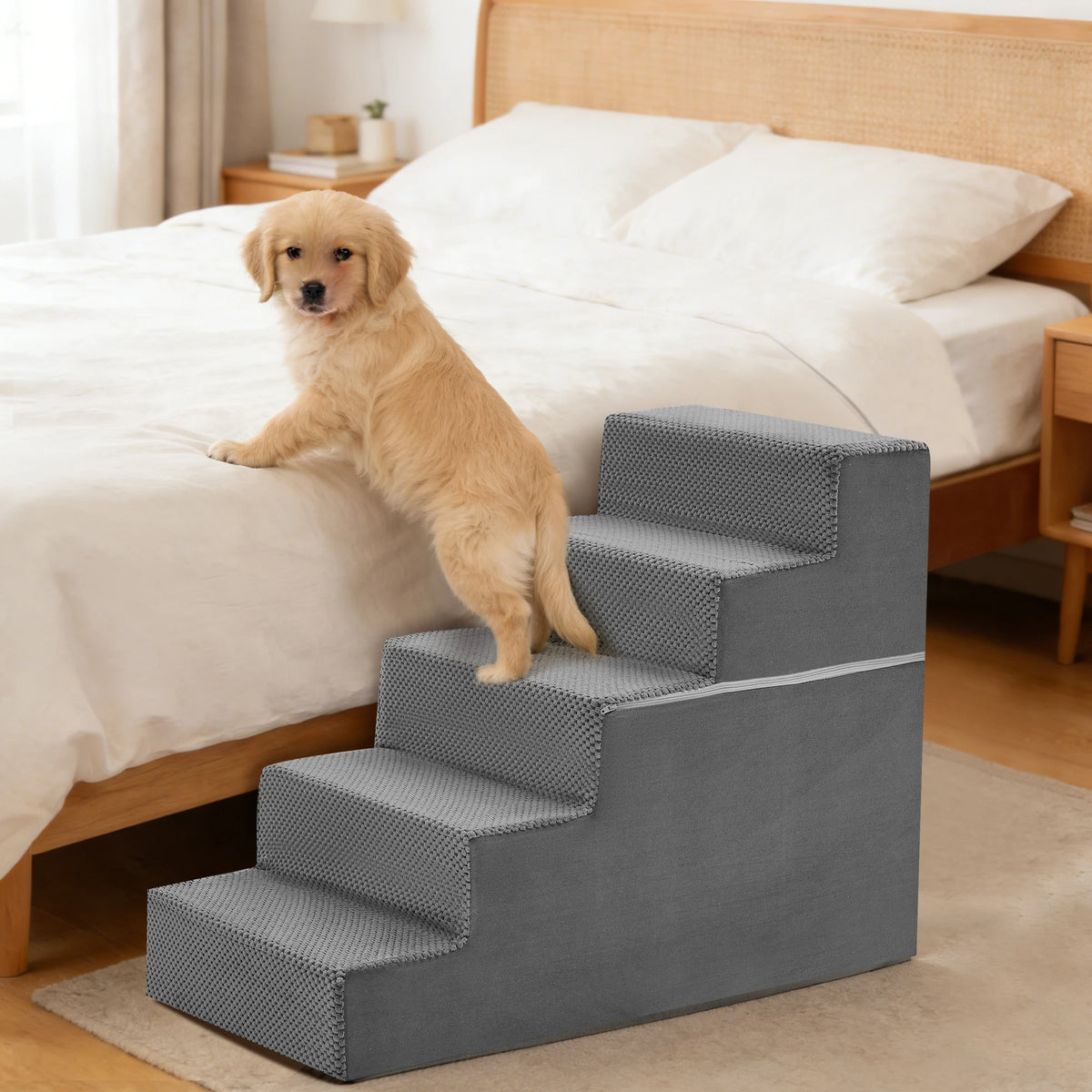 JHK foam dog stairs, 3–5 steps, right-angled, grey non-slip carpet, S And B Enterprise.