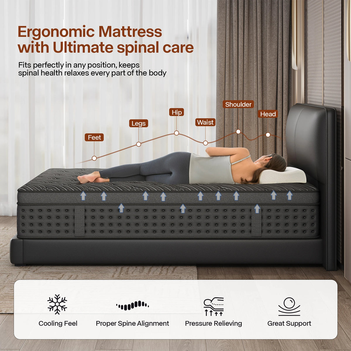 LayRoad memory foam spring mattress (12/14-inch) dark gray, suitable for single to king sizes, medium firmness