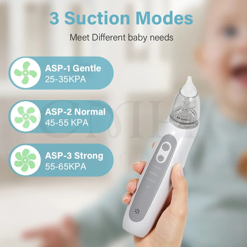 Electric baby nasal aspirator by S And B Enterprise; gray body, rechargeable, silicone nozzle, 3 suction modes.