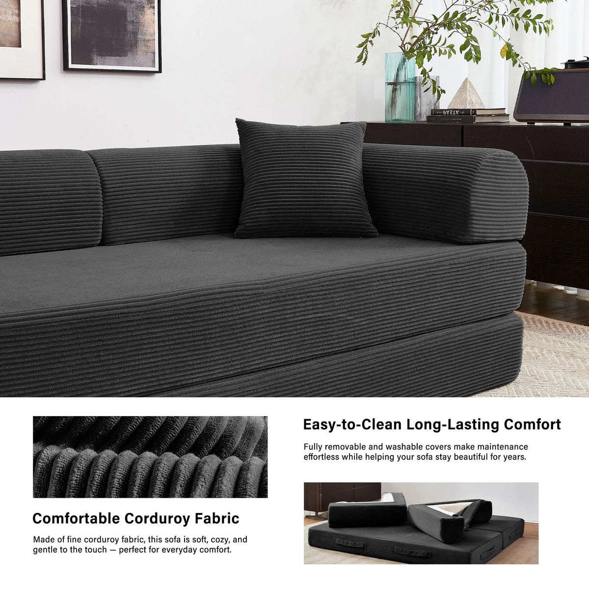 79-inch foldable corduroy futon sofa bed in dark gray with ribbed upholstery