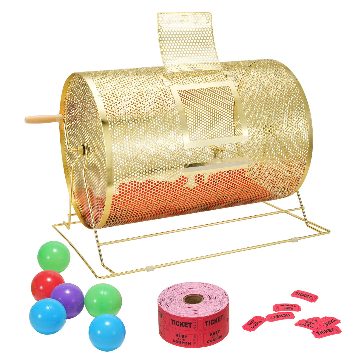 SucceBuy brass raffle drum on stand; gold perforated cage holds 10,000 tickets or 300 ping-pong balls.