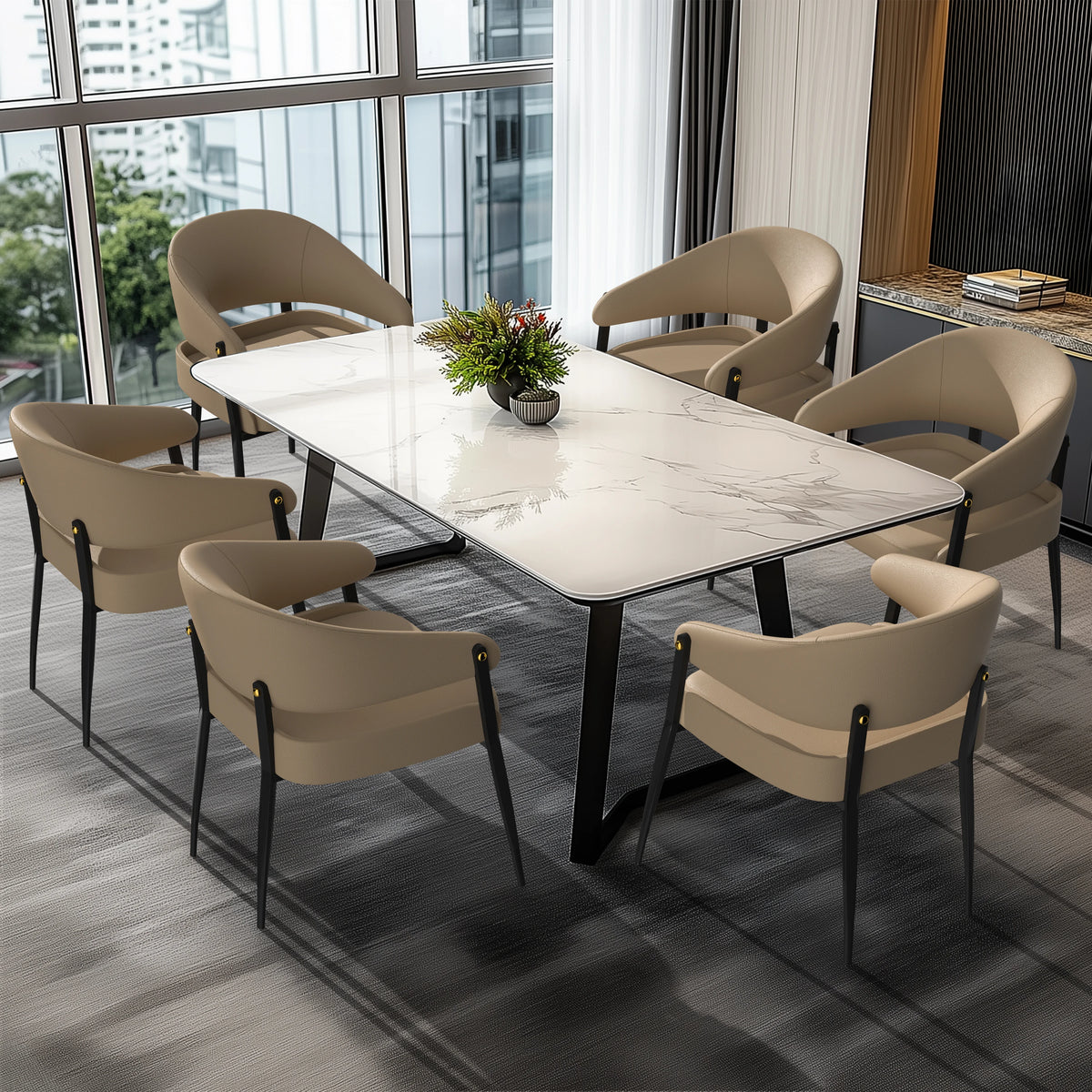 Set of 2 beige microfiber leather dining chairs with black metal legs around a marble table