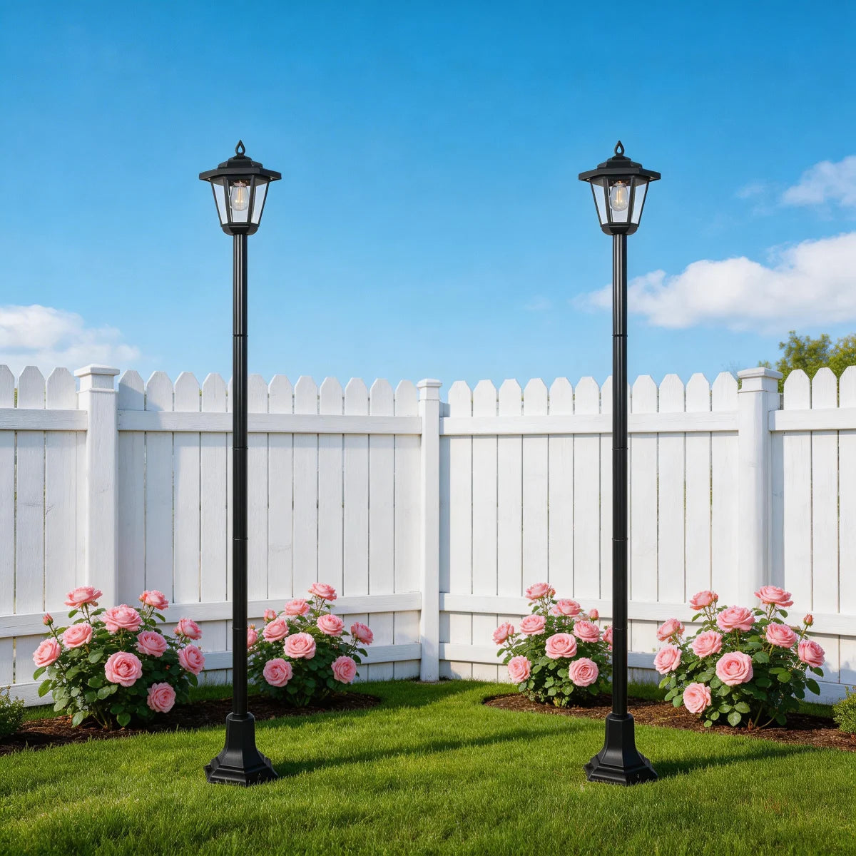 2-pack black solar post lights for outdoor garden, yard, and driveway lighting with dusk-to-dawn LED
