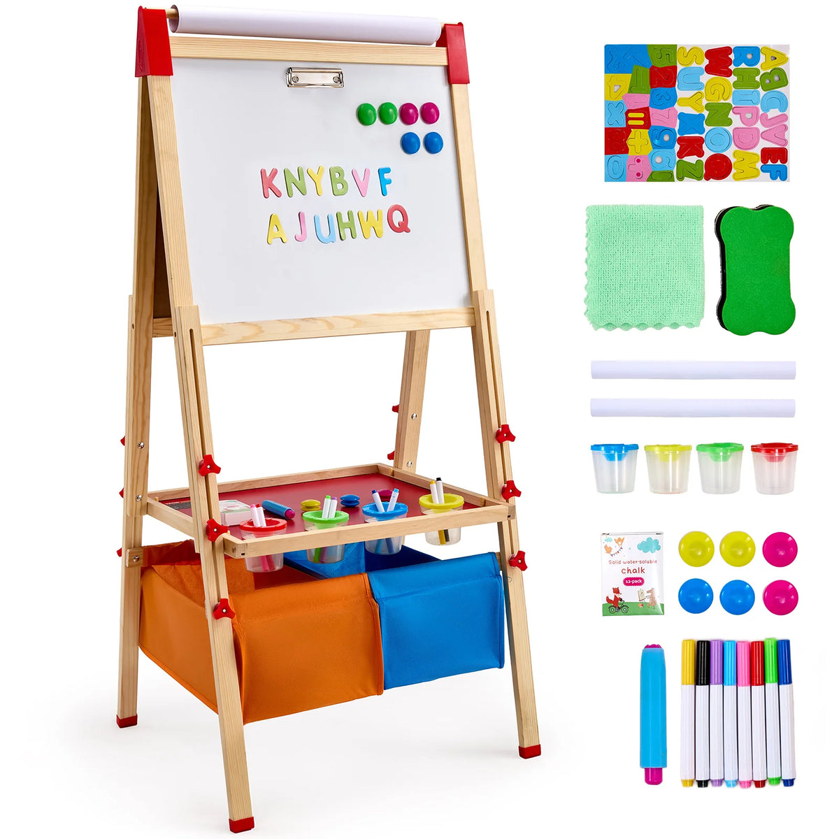 SucceBuy wooden standing magnetic drawing easel for kids with whiteboard, colorful alphabet magnets and storage shelves
