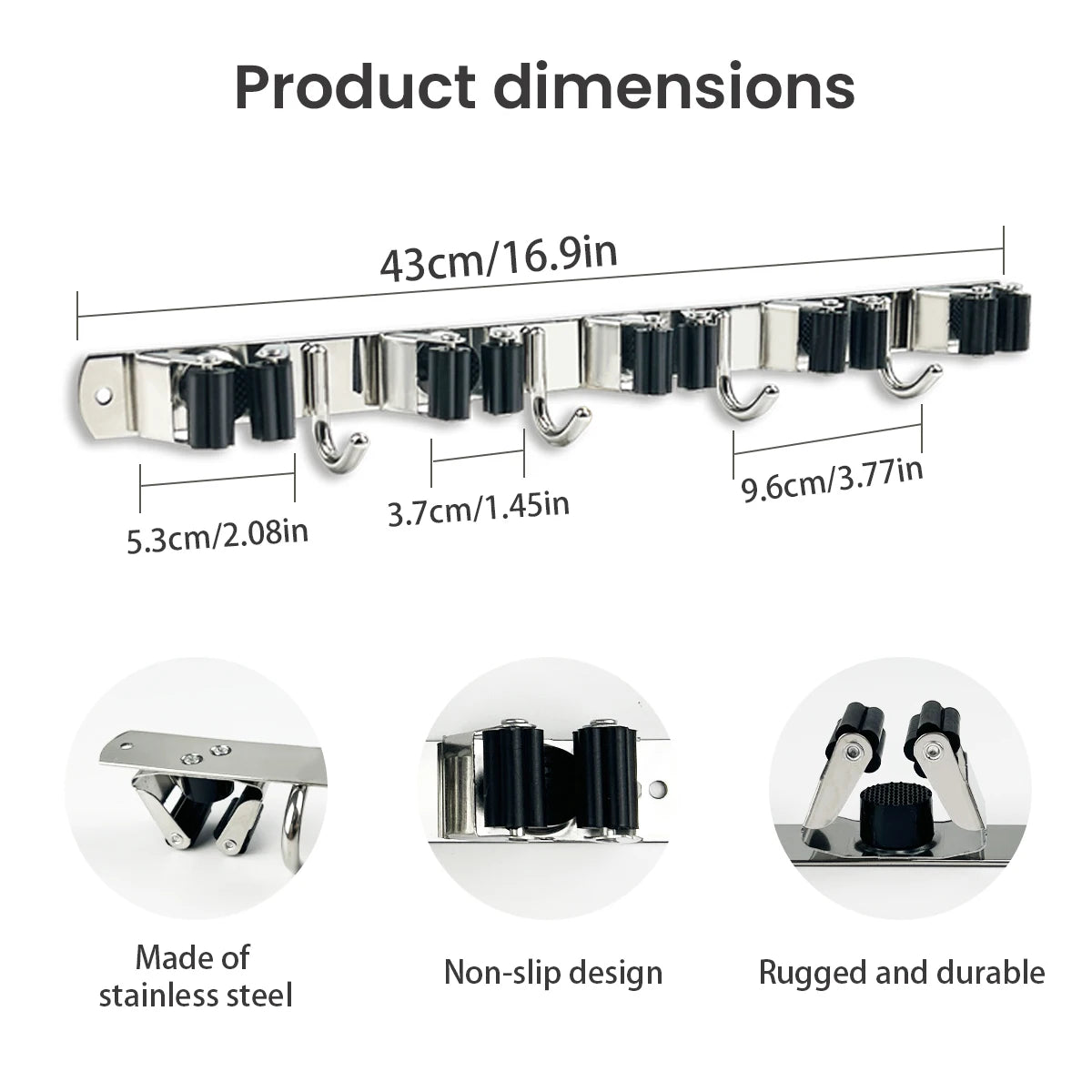 Stainless Steel 4 Hook Wall Mounted Mop And Broom Organizer