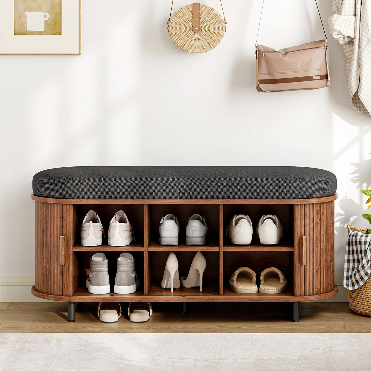 43.3 inch wooden 3-tier shoe storage bench with a dark gray cushioned top for organized footwear