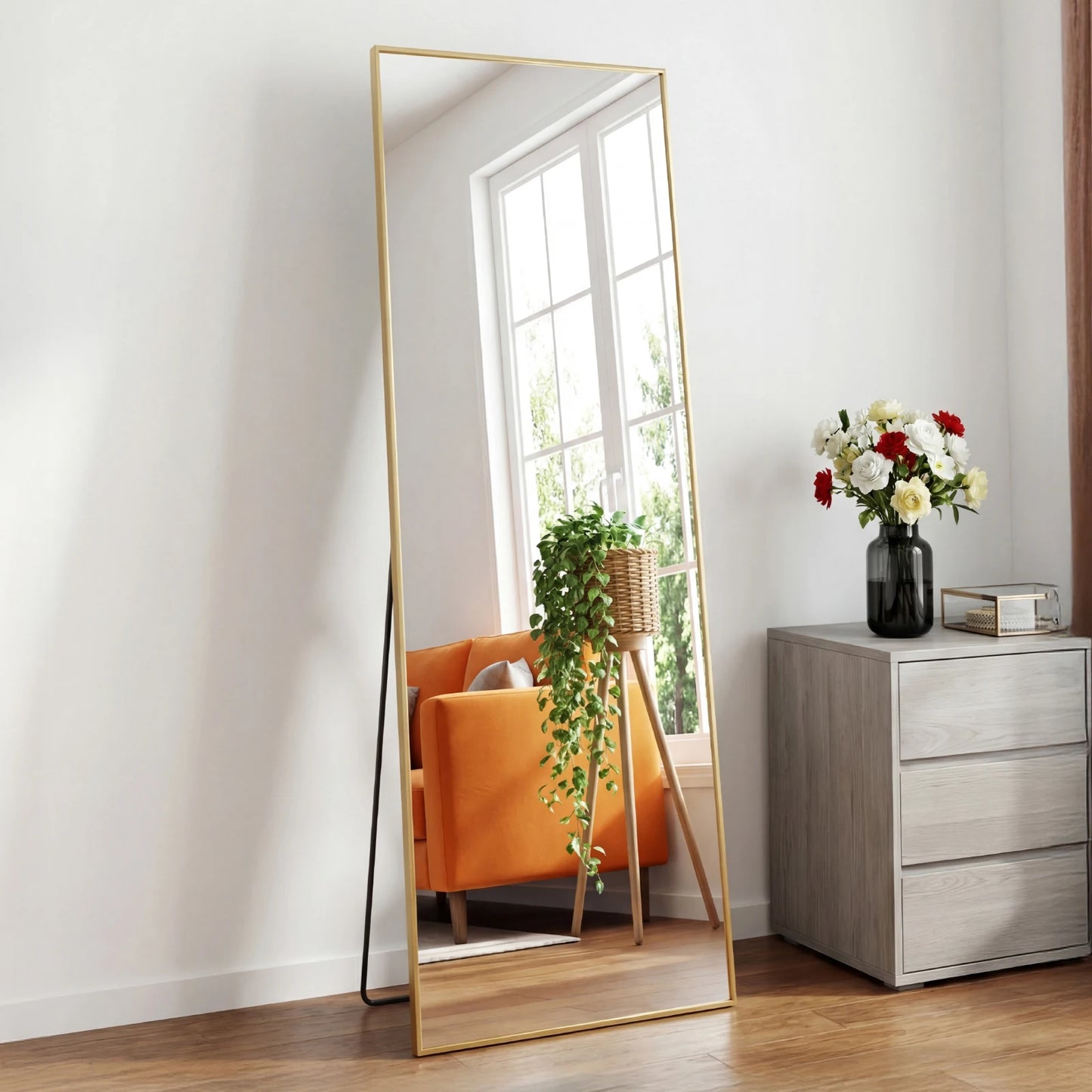 JHK arched full-length floor mirror 68x26 with stand, gold aluminum frame, by S And B Enterprise.