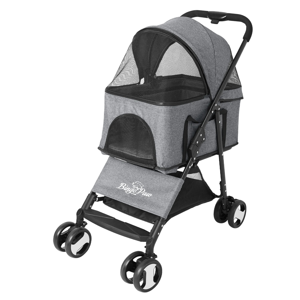 Large 4-wheel dog carrier pram in gray fabric with mesh windows, BingoPaw logo.