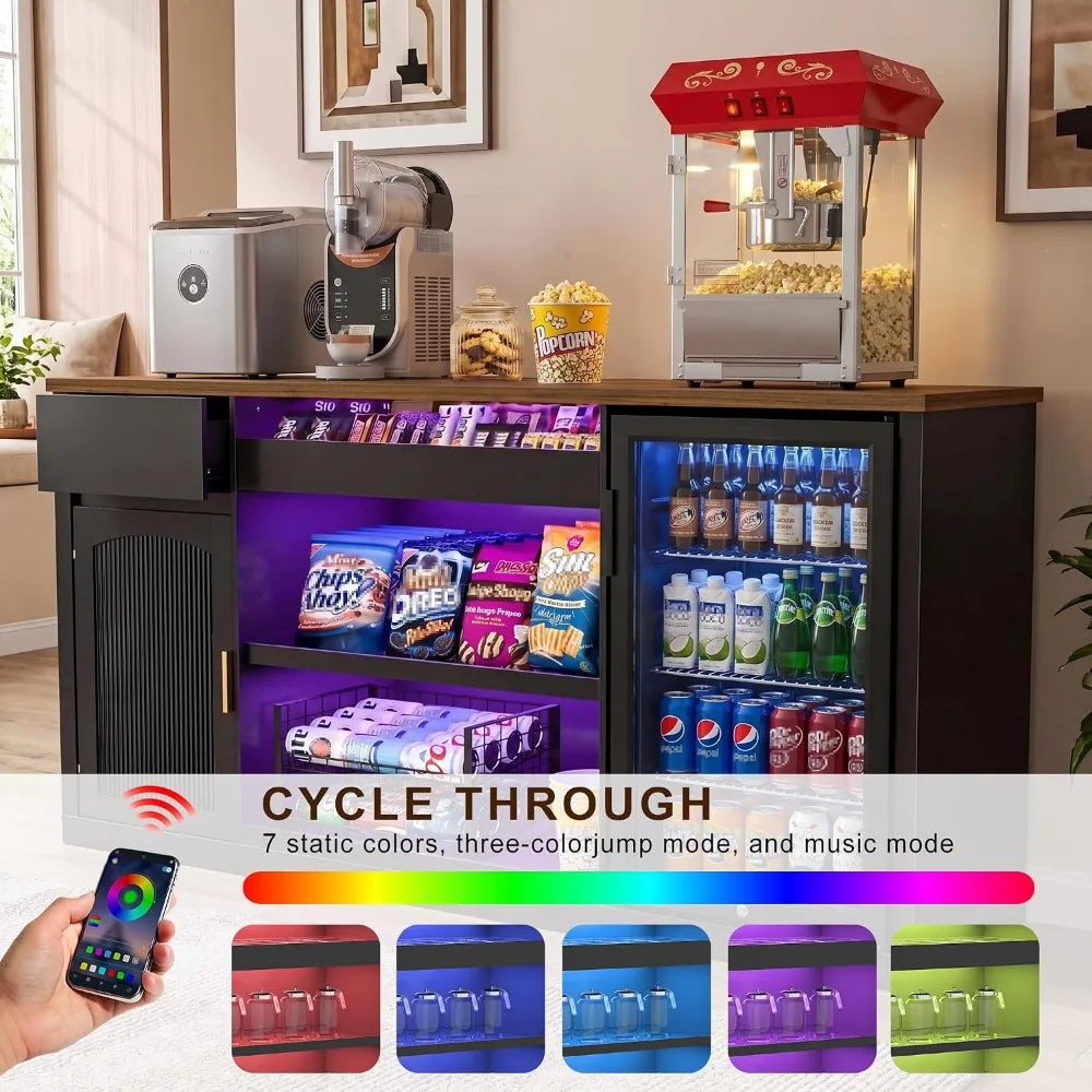 GDLF 70.1 snack bar cabinet with built in fridge space, black finish, LED light kit and power outlet.