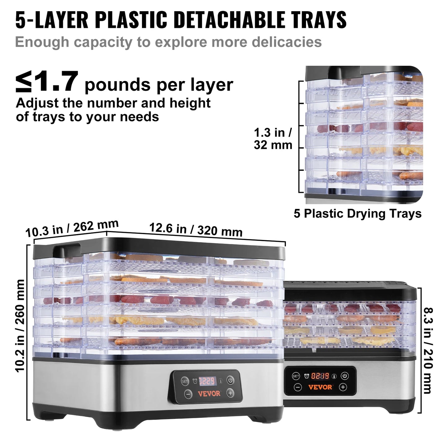 VEVOR 5 Tray Food Dehydrator With Digital Timer And Temperature
