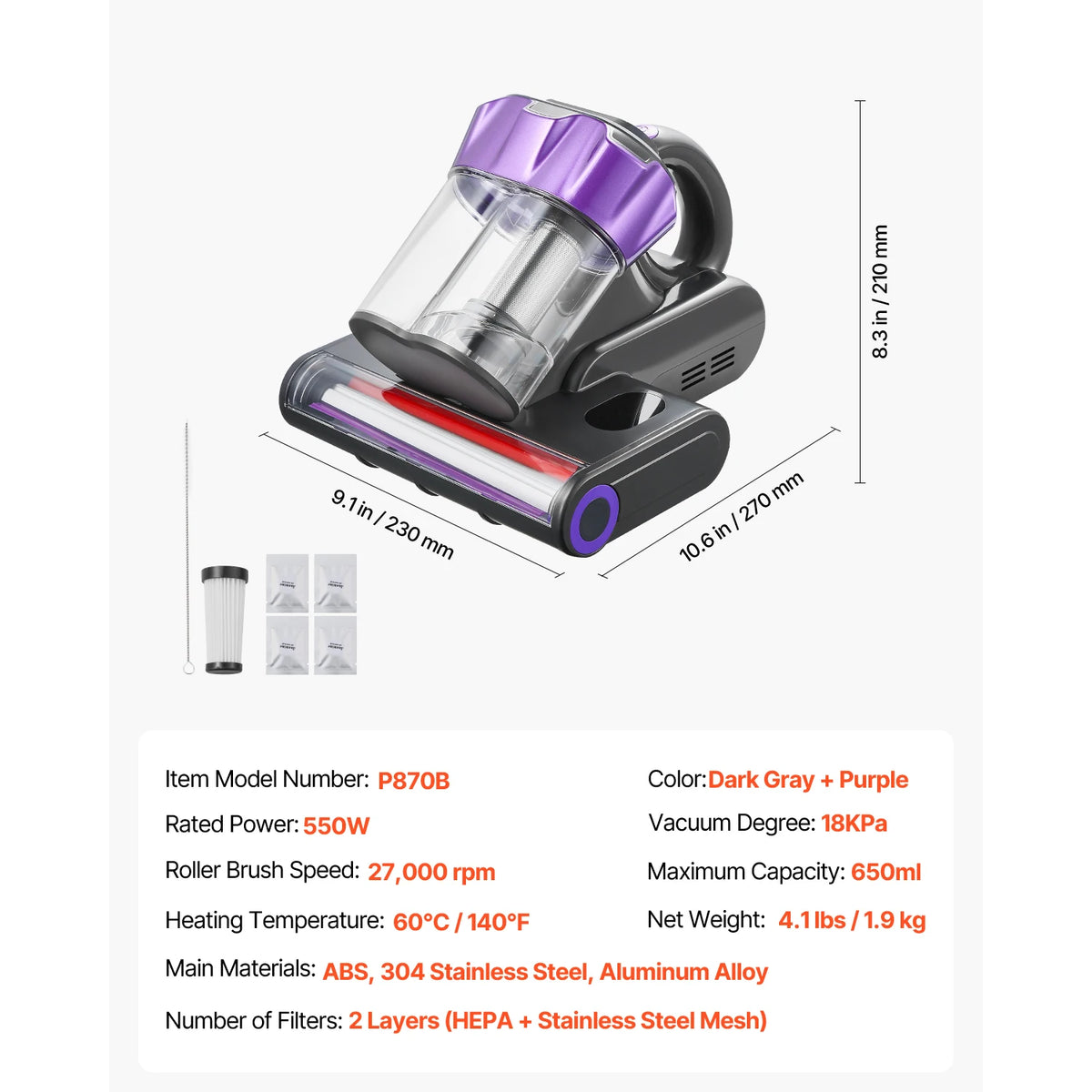 SucceBuy mattress vacuum cleaner by S And B Enterprise, purple top, 18KPa suction, dual dust bins, 4 replacement bags