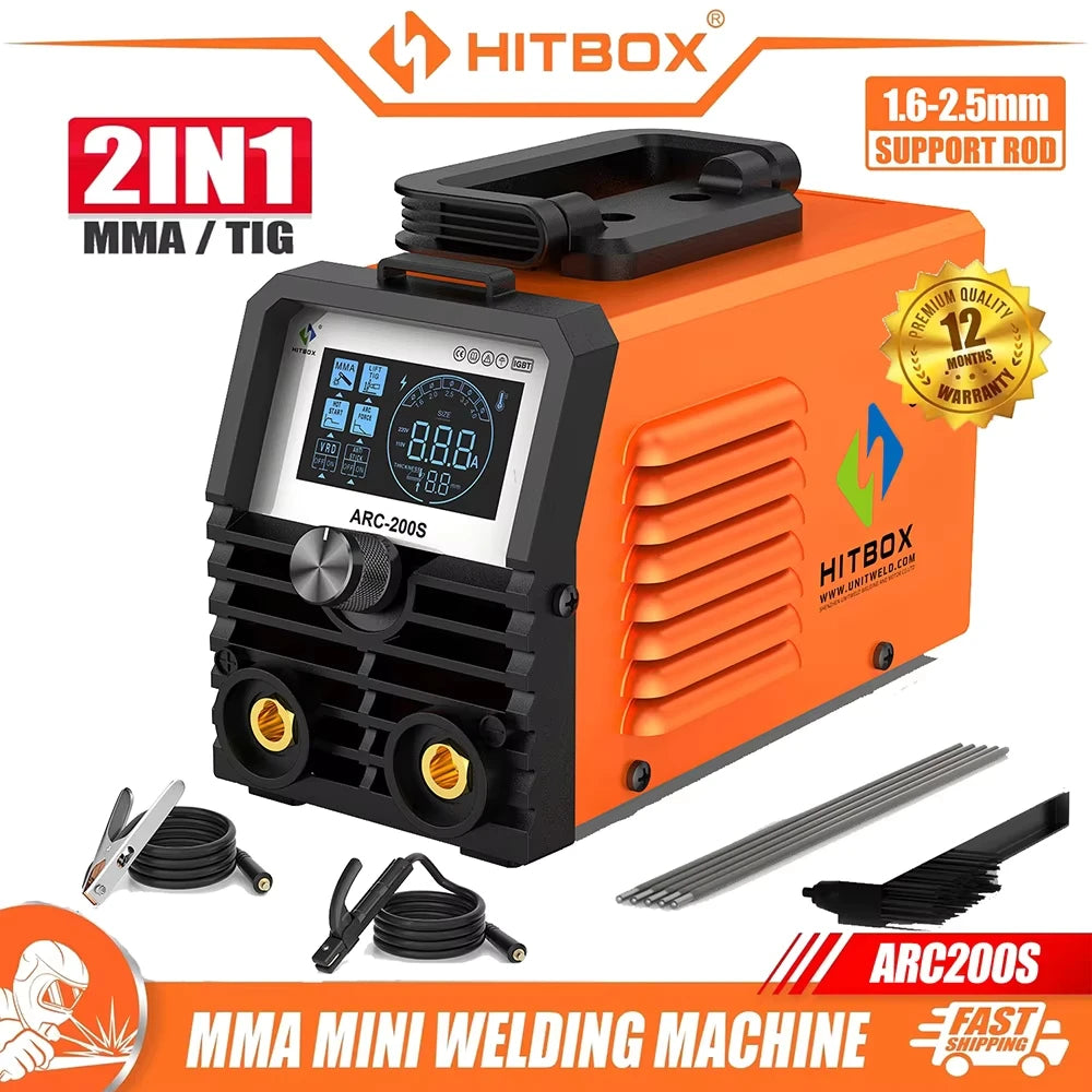 Hitbox ARC200S portable MMA/TIG welding machine with LED display in orange and black, includes cables and accessories