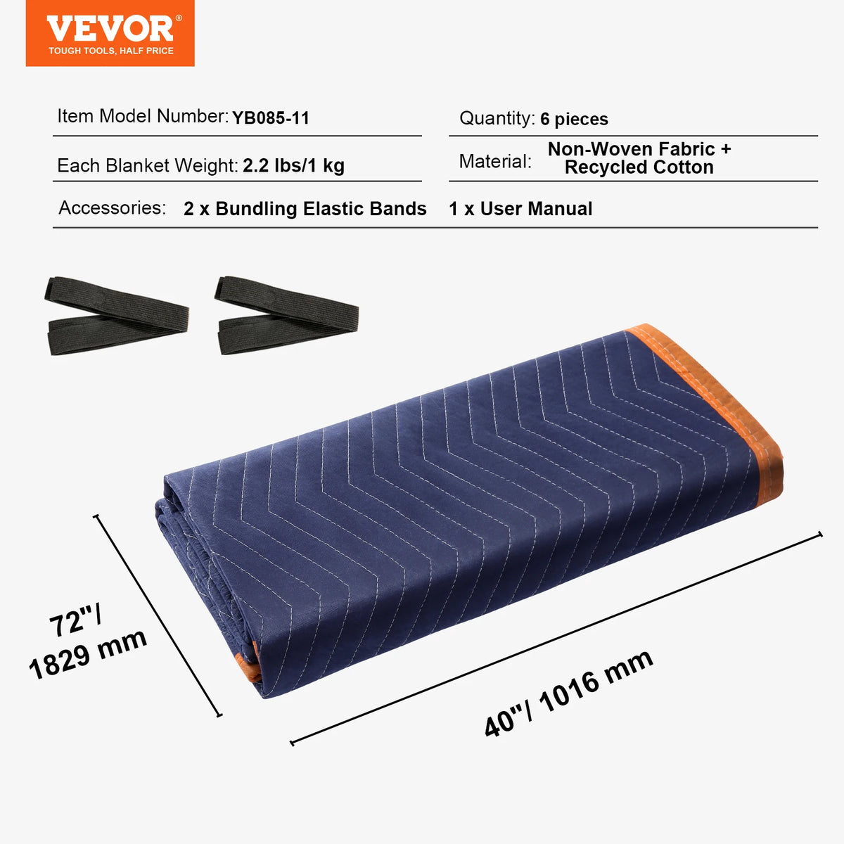 Moving blankets 12-pack, blue quilted with orange trim, 80 x 72 inches, heavy-duty mover pads