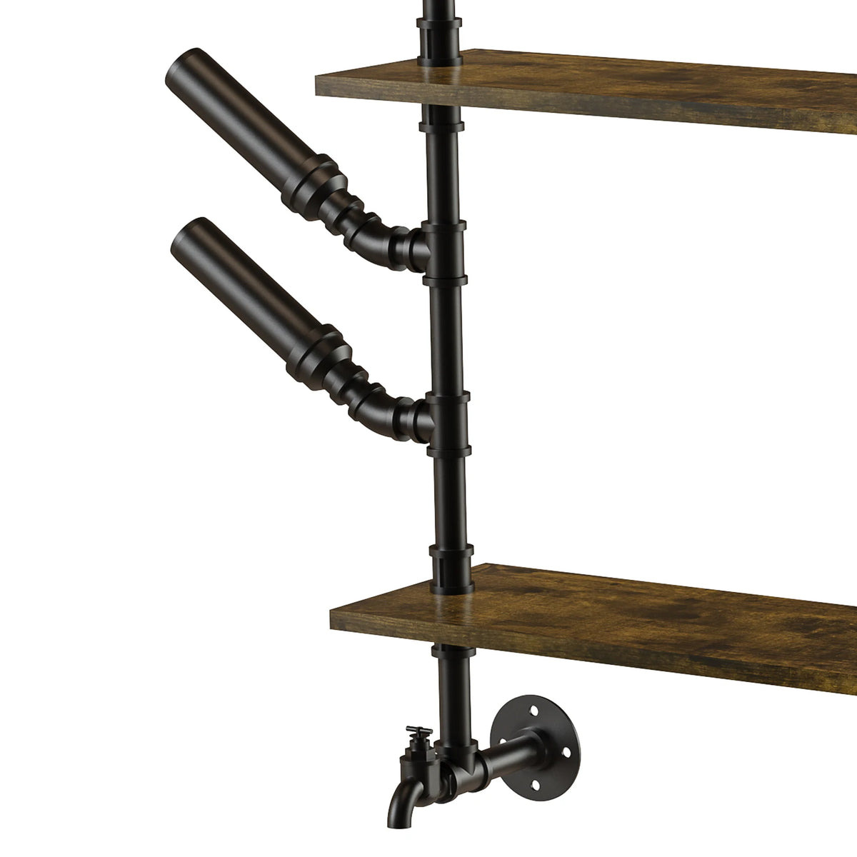Pipe Bar Liquor Shelf, black metal wall mount with two wooden floating shelves and wine glass holders.