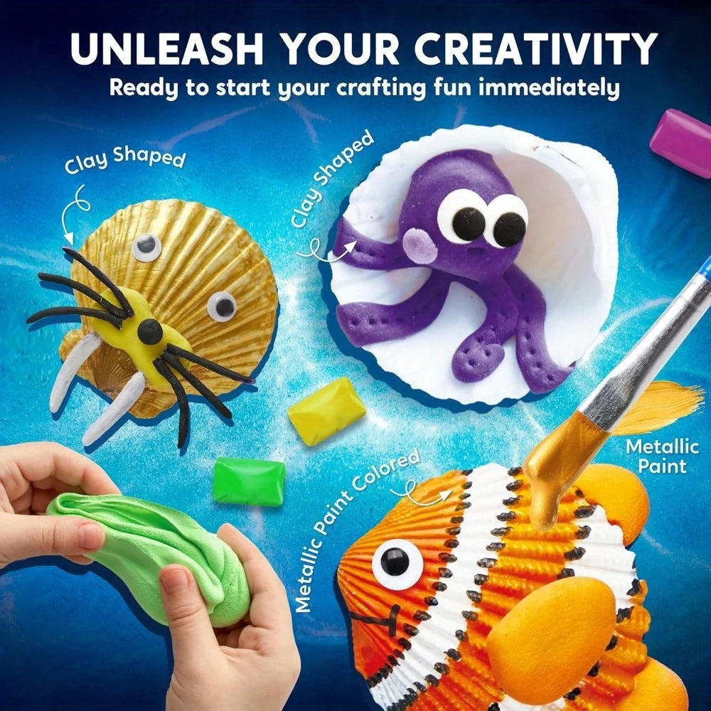 JOYFY 12PCS Sea Shell Painting Kit by S And B Enterprise, glow-in-the-dark arts & crafts for kids ages 6+, includes shell crafts and metallic paints