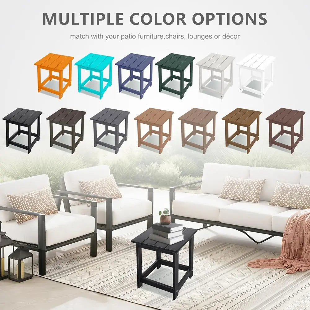 Patio side table by S And B Enterprise in black wood-textured HDPE; weatherproof outdoor end table; 12 color options