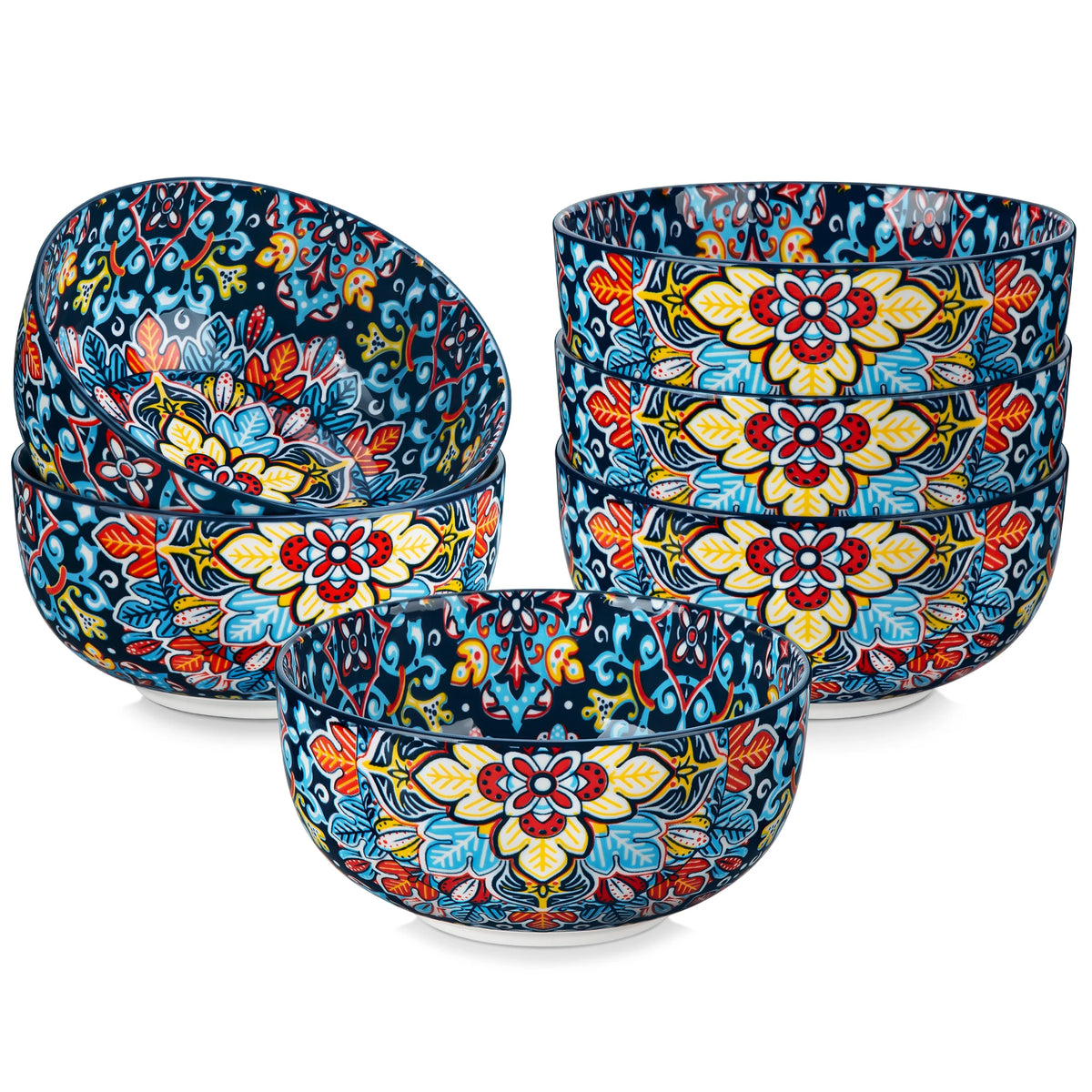 Ceramic cereal bowls set with Bohemian floral pattern in navy blue; 28 oz capacity, stackable.