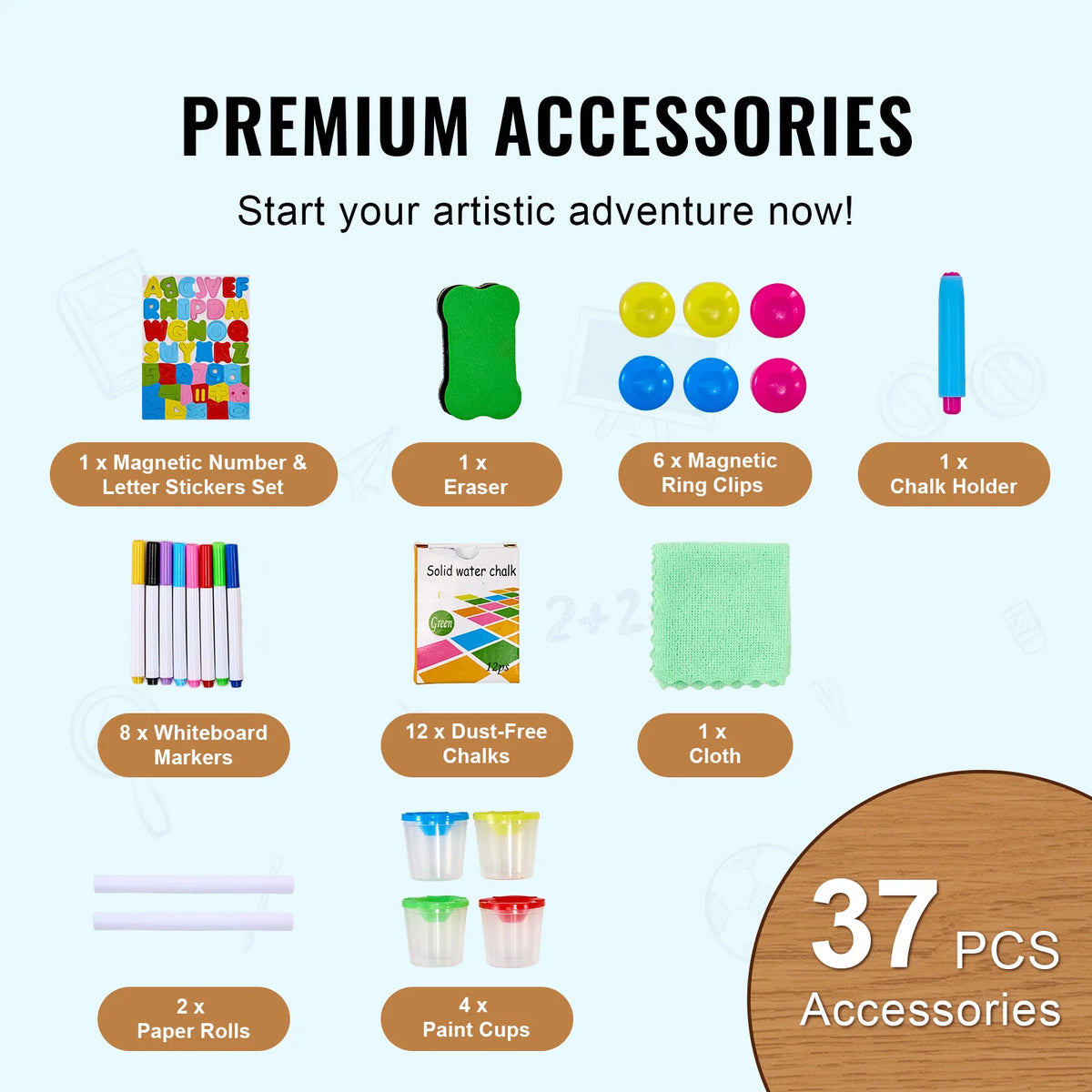 37-piece kids art accessories kit with magnetic letter stickers, eraser, ring clips, chalk holder, markers, chalks and cloth