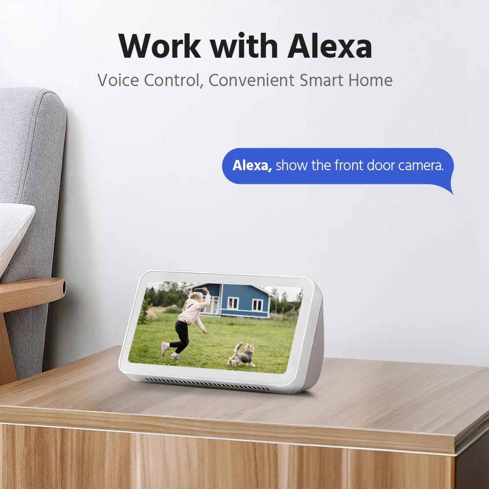 ANNKE 4MP Battery WiFi Security Camera on a white desk, displaying outdoor footage