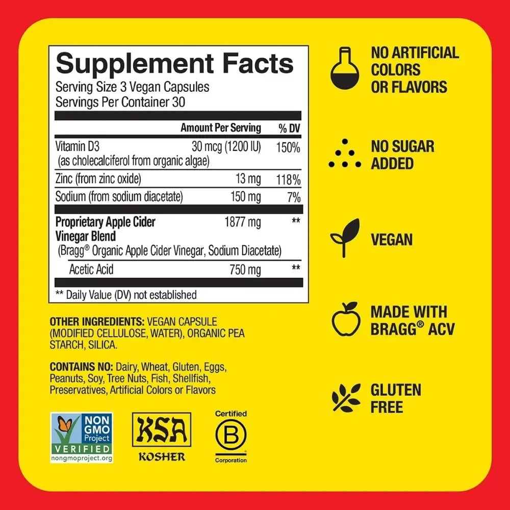 Apple cider vinegar capsules with vitamin D3 and zinc, Bragg ACV blend, vegan and non-GMO