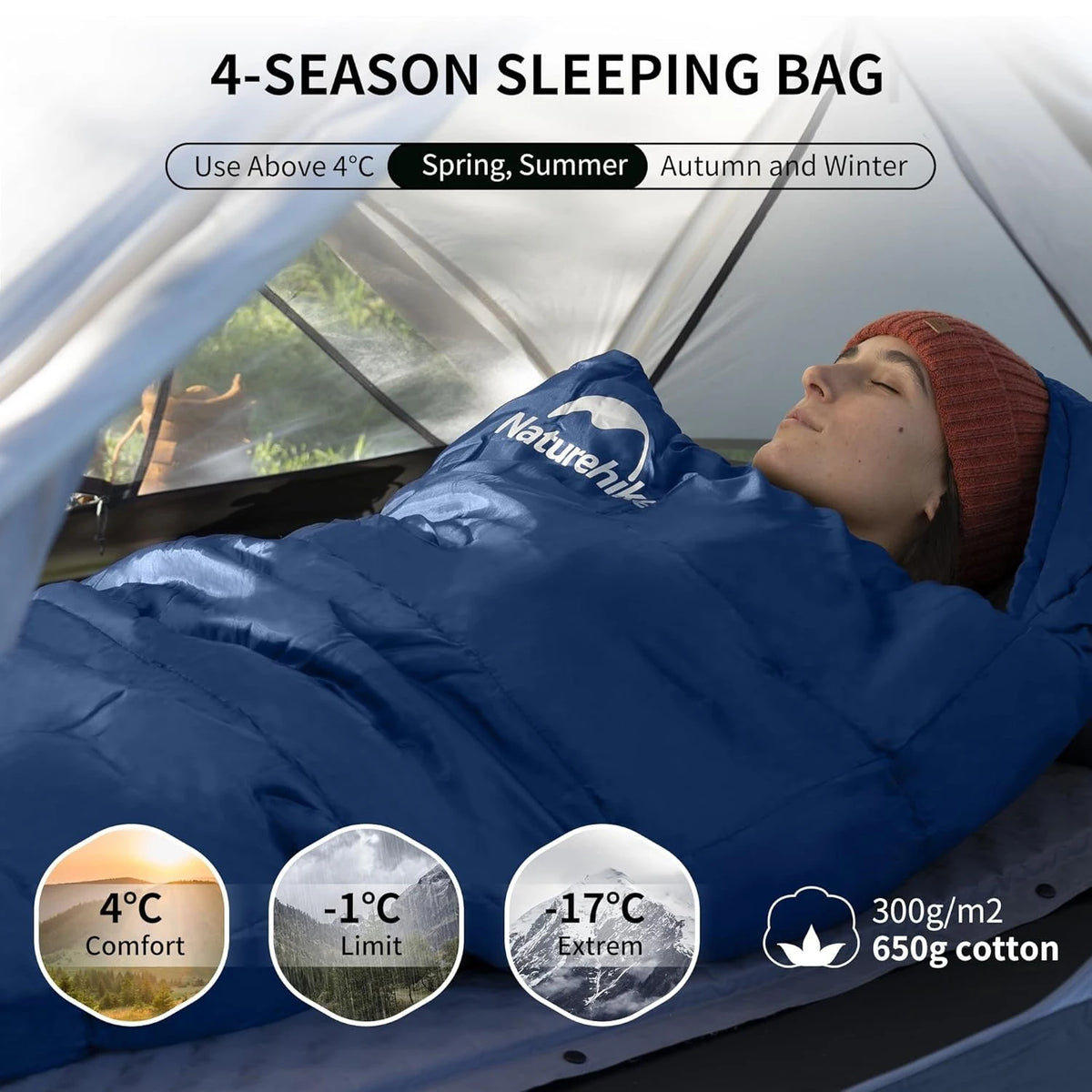 Naturehike blue mummy sleeping bag for adults with cotton insulation, inside a tent.