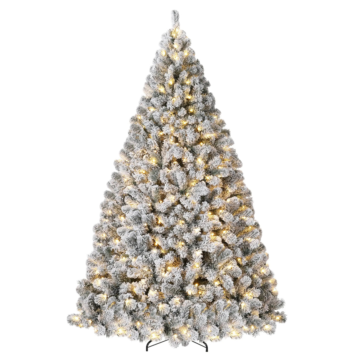 Flocked artificial Christmas tree with warm white LED lights, 6–7.5 ft, metal stand