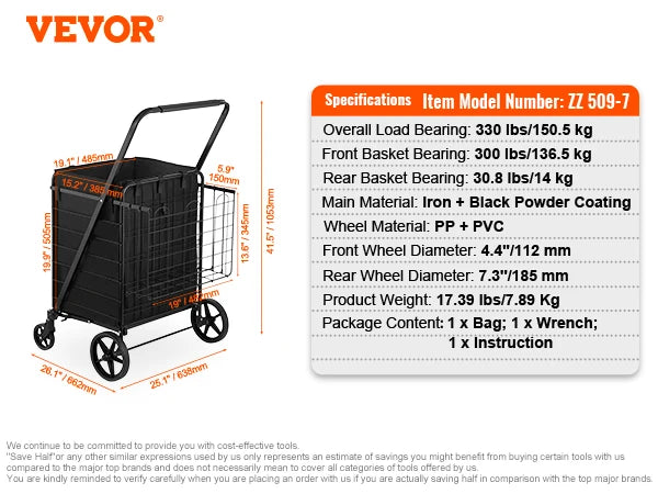 SucceBuy Folding Shopping Cart With Waterproof Liner And 360 Degree Wheels
