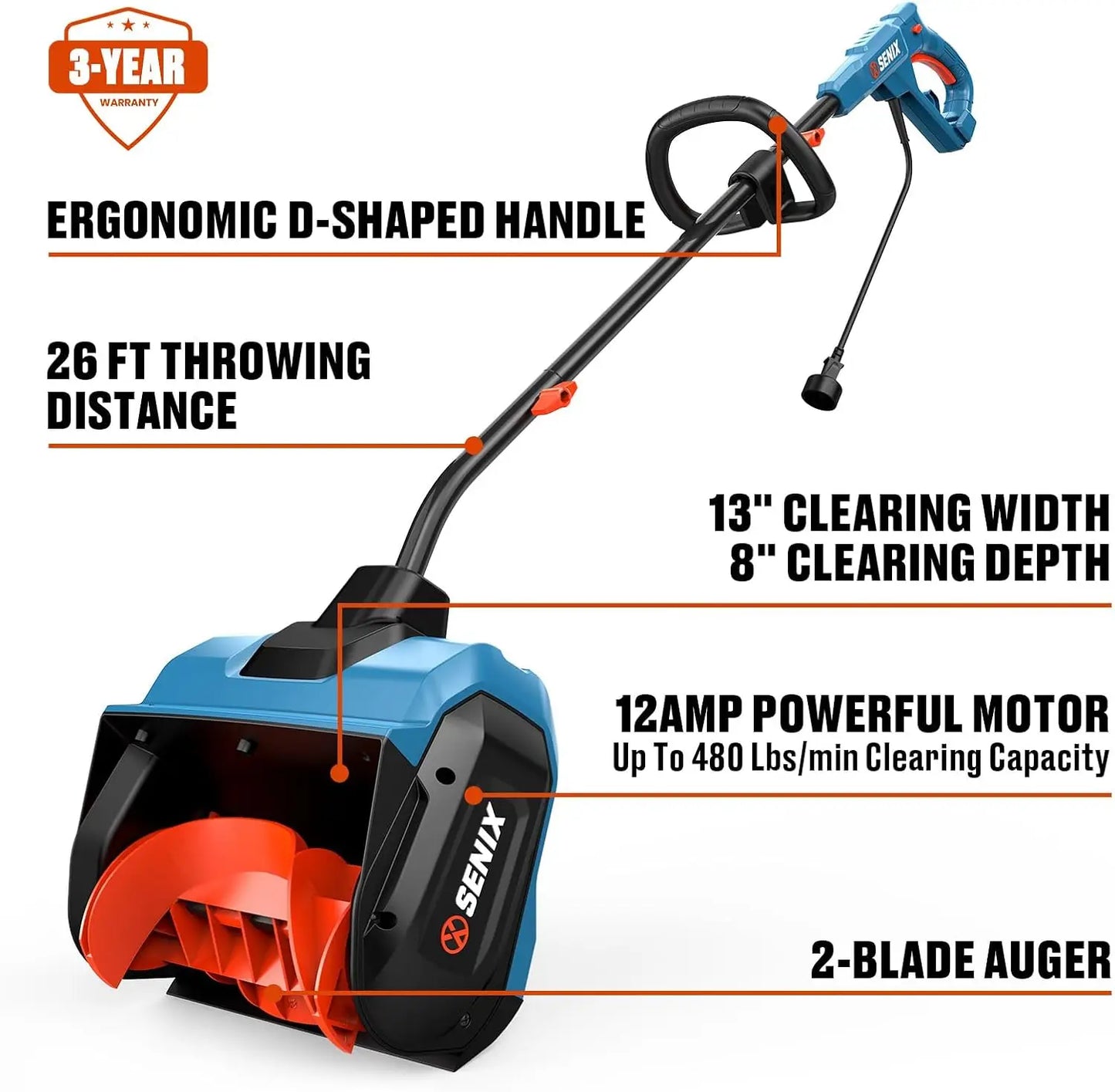Corded Electric Snow Shovel 12 Amp Snow Thrower For Driveways