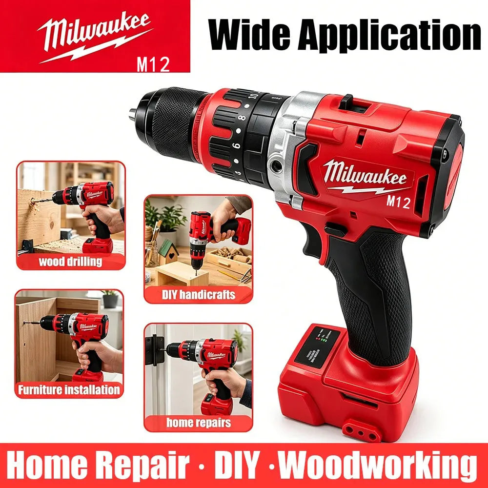 Milwaukee M12 red cordless drill/driver with 13mm keyless chuck and Li-ion battery