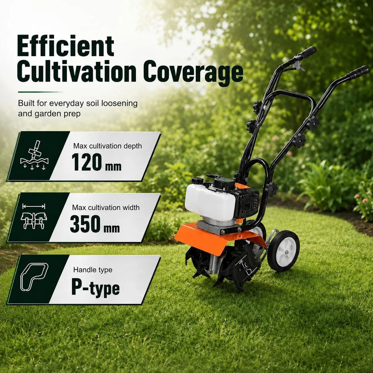 S And B Enterprise 52cc gas-powered tiller cultivator with adjustable steel tines, 11.8-inch working width, P-type handle