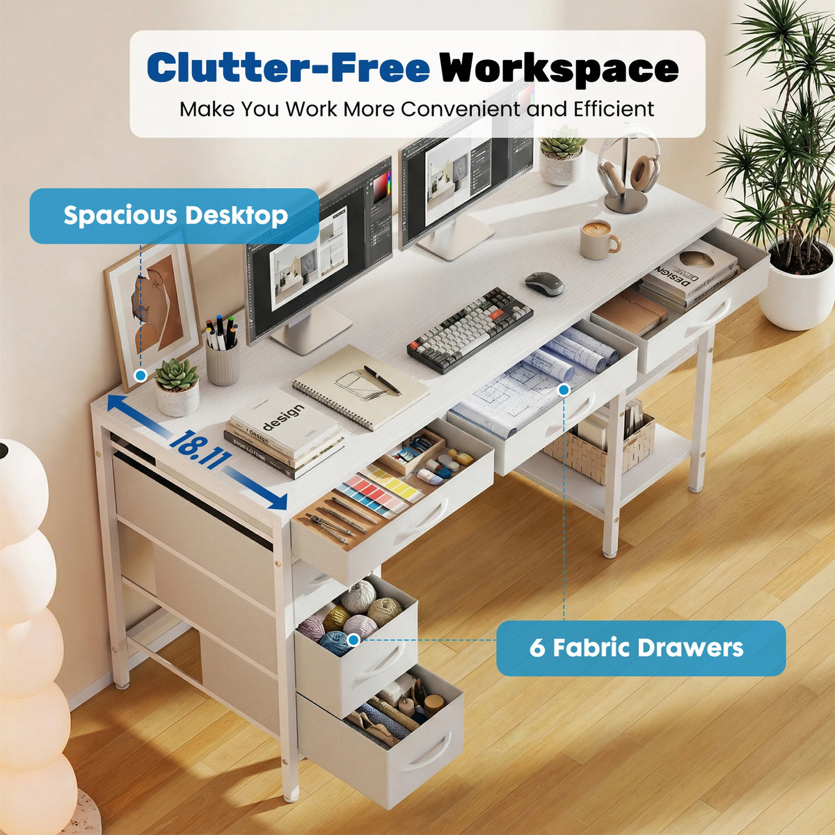 MCQ 47 Inch Office Computer Desk with 6 Fabric Drawers in white by S And B Enterprise