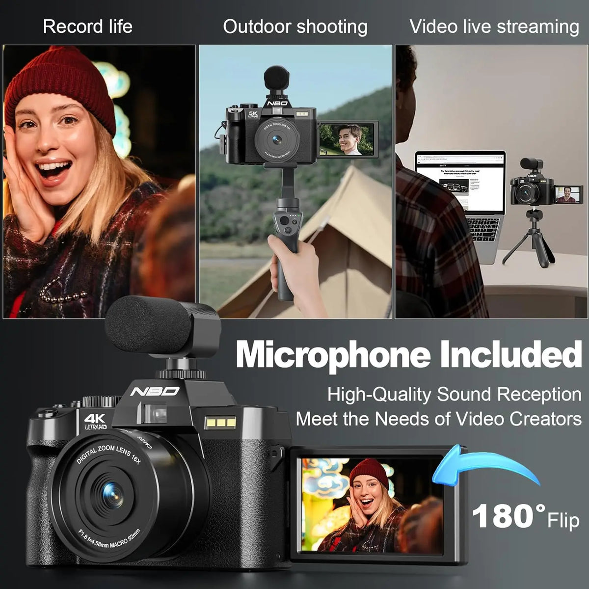NBD 4K digital camera with 48MP sensor and 180° flip screen