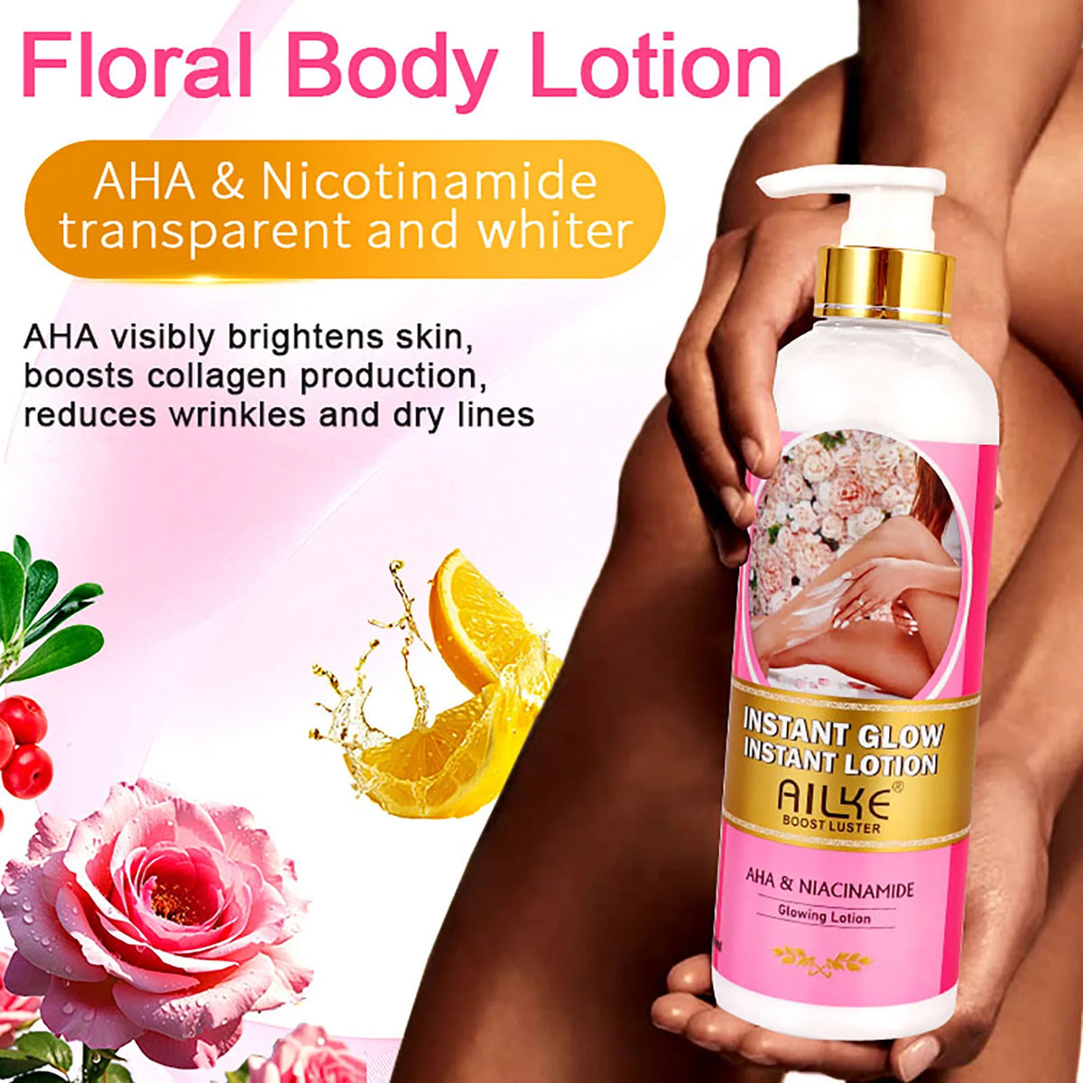 AILKE vegan brightening body lotion bottle with pink label and pump, showcasing AHA & Niacinamide for all skin types.