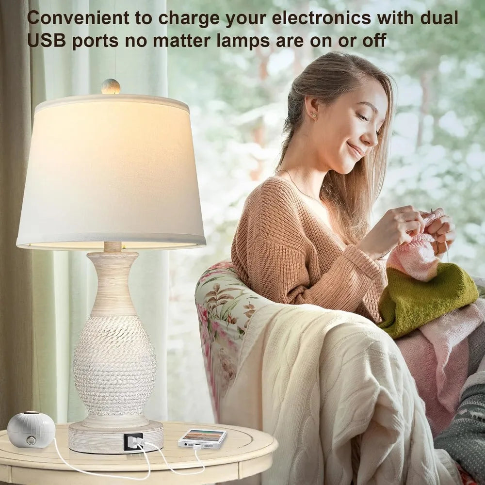 Set of 2 touch table lamps with USB charging, dimmable, white fabric shade, LED bulbs included, by S And B Enterprise