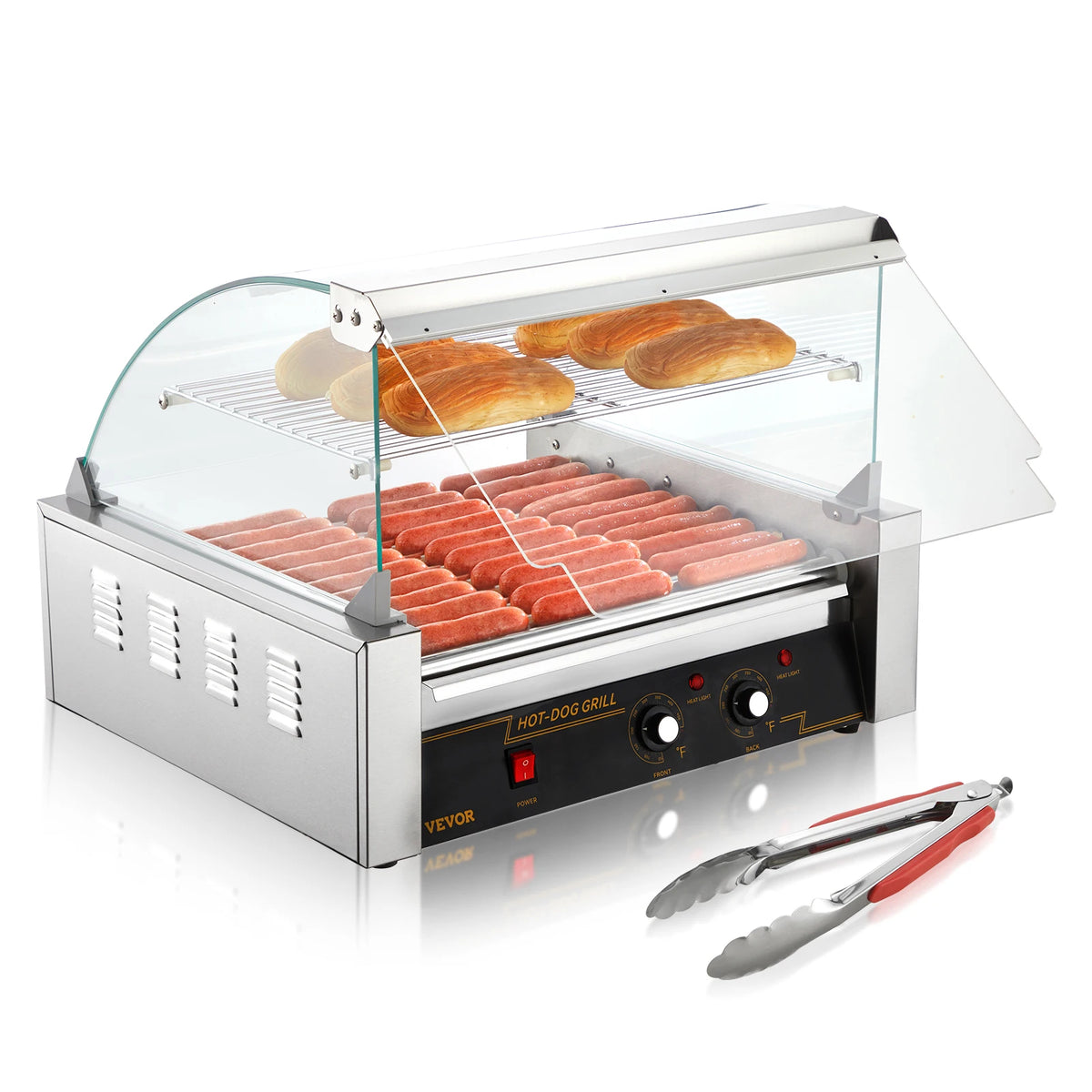 Hot dog roller grill by VEVOR with glass guard, stainless steel body, buns on top, sausages on bottom.