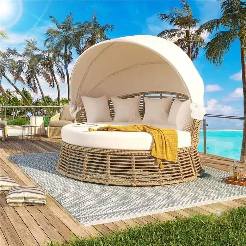 Outdoor Rattan Round Daybed With Retractable Canopy Removable Cushions by S And B Enterprise