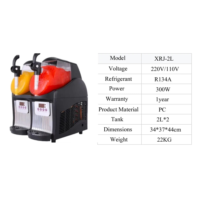 Commercial slushy machine with dual 2L bowls, black housing, yellow and red slush, XRJ-2L by S And B Enterprise.