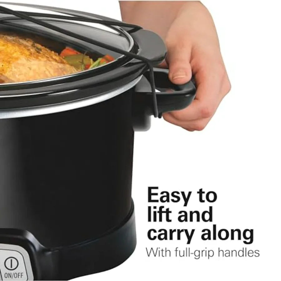Black 7-quart programmable slow cooker with lid-latch strap and full-grip handles