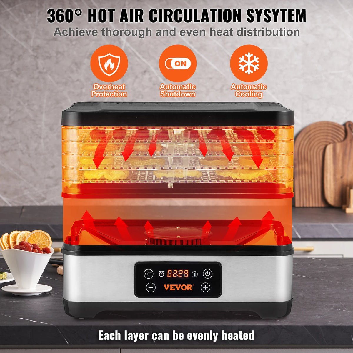 5-tray stainless steel food dehydrator with digital timer, by VEVOR